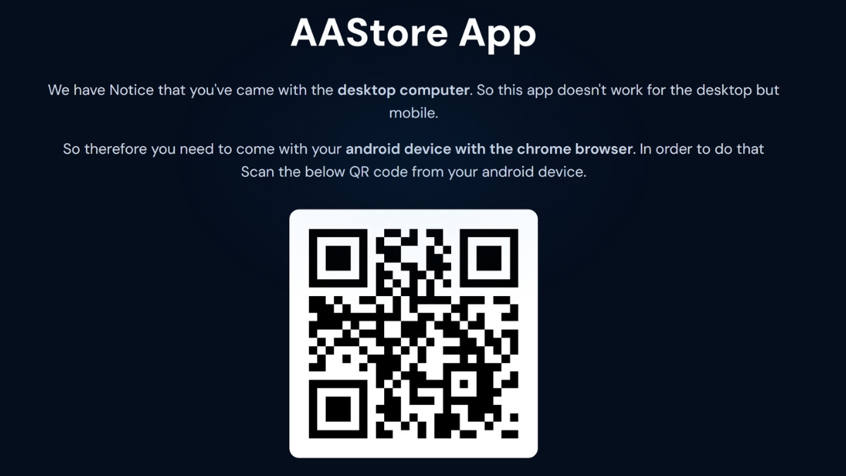AAStore QR code shown on desktop — scan with your Android phone