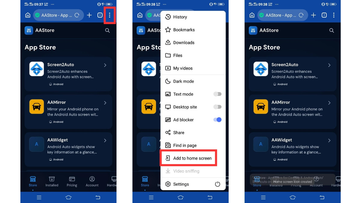 Tap browser menu then Add to Home Screen to install AAStore