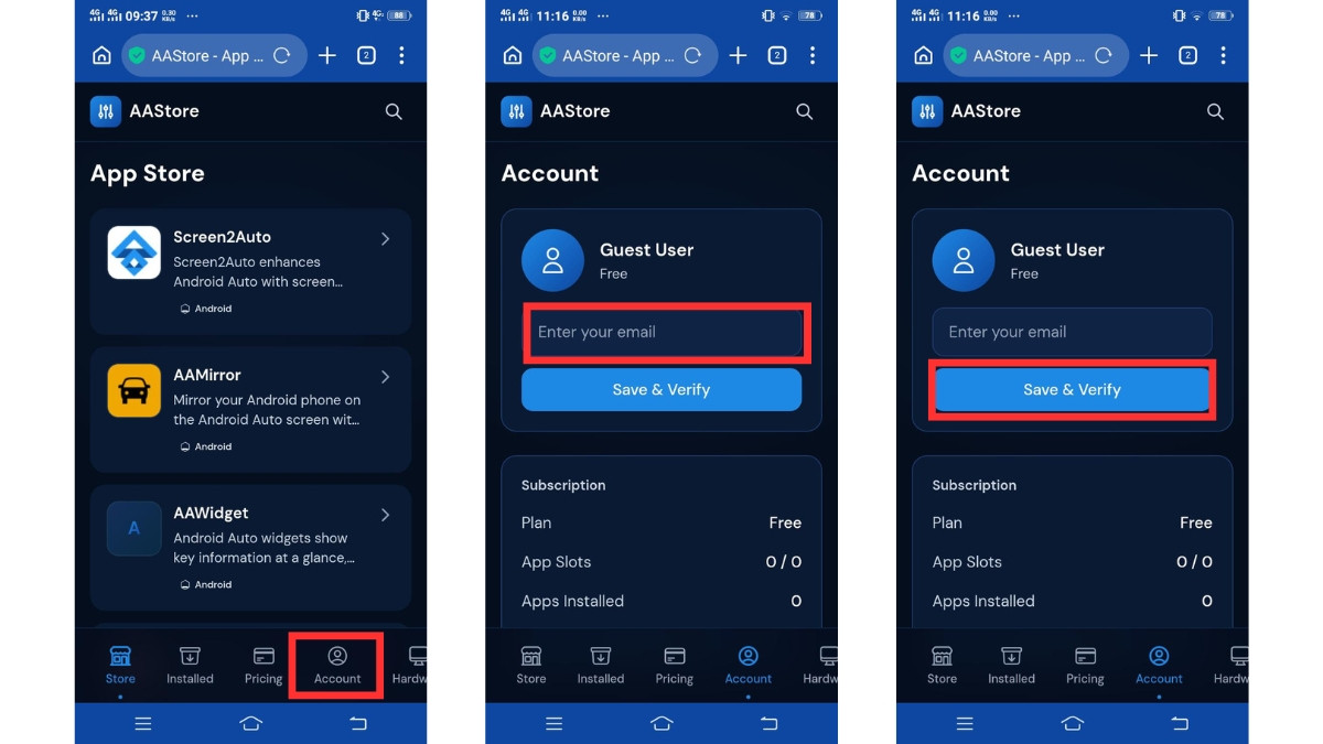 Account tab — enter email and tap Save & Verify to activate your plan