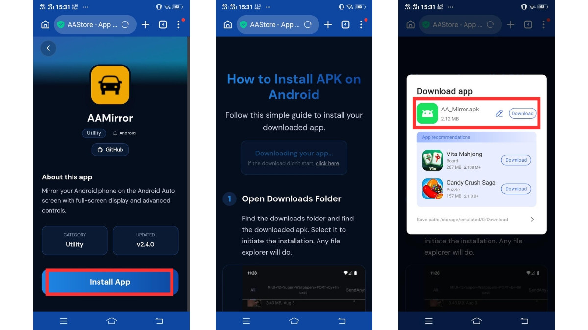 AAMirror app page with Install App button, then downloading screen and download popup