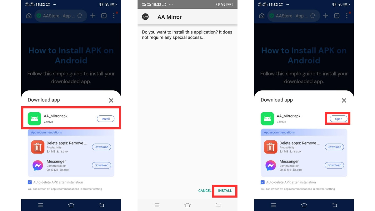 Android APK installer — tap Install, then Open after installation completes